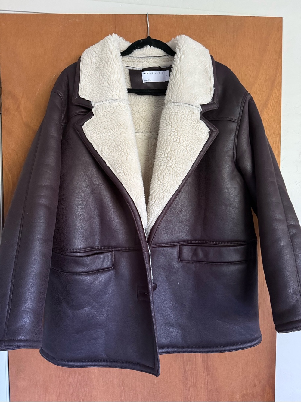 ASOS Dark Brown Faux Leather Jacket with Cream Shearling Collar